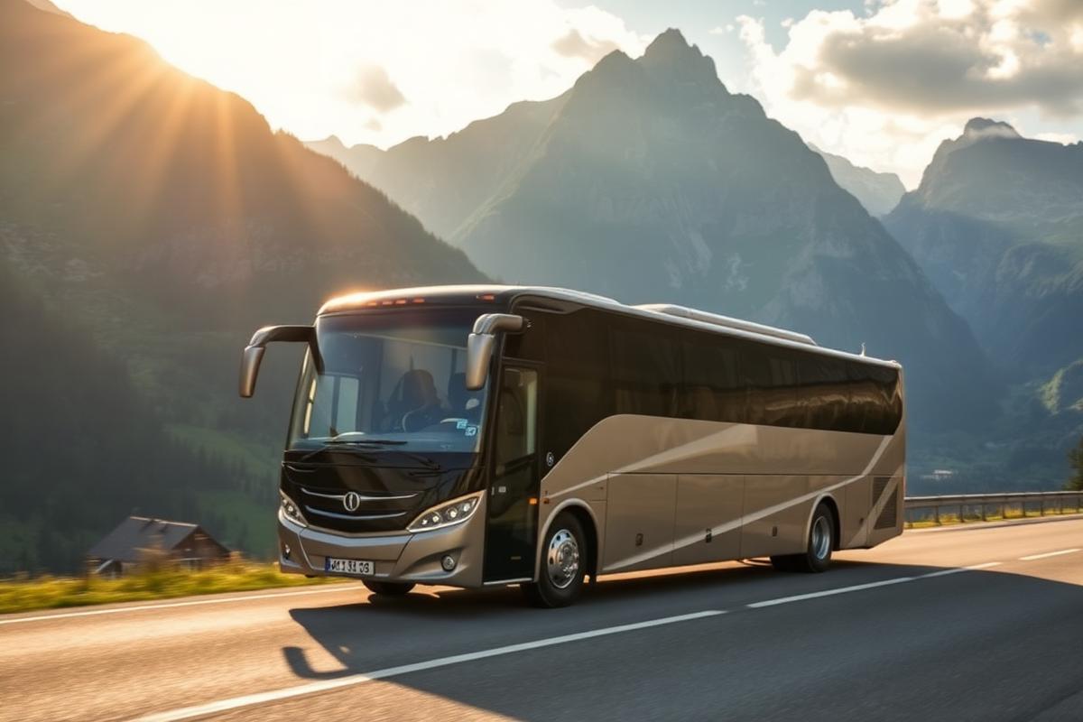 Luxury tour coach driving through the Swiss Alps